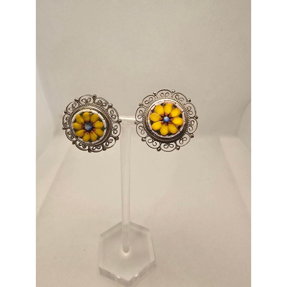 Vintage Micro Mosaic yellow flower and silver tone filagree clip earrings